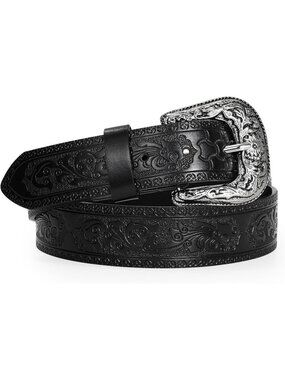 Unisex Black Leather Belt Vintage Western Cowboy Belt Engraved Buckle Belt